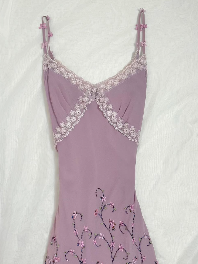 Vintage A Line Spaghetti Straps Beaded Purple Chiffon Prom Dress Party Dress SH3663