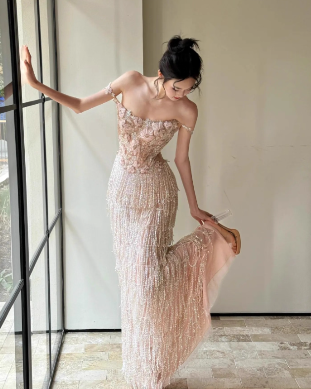 Exquisite Sheath Spaghetti Strap Beaded Tulle Prom Dress Evening Dress Party Dress SH4091