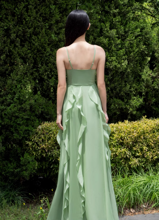 Flowy Ruffle Green A Line Spaghetti Strap Chiffon Evening Dress Party Dress SH3483
