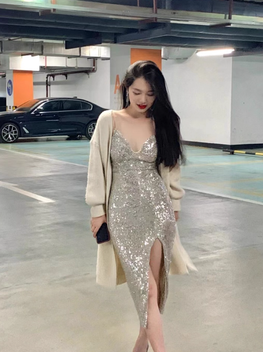 Sexy Sheath Spaghetti Strap Silver Sequin Homecoming Dress Cocktail Dress with Slit SH4060