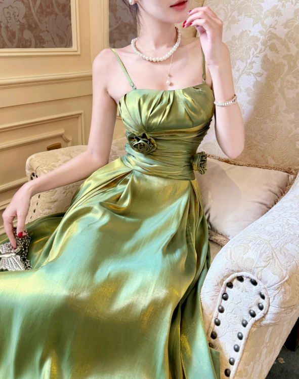 Green A Line Straps Floral Satin Prom Dress Evening Dress Formal Dress SH4086