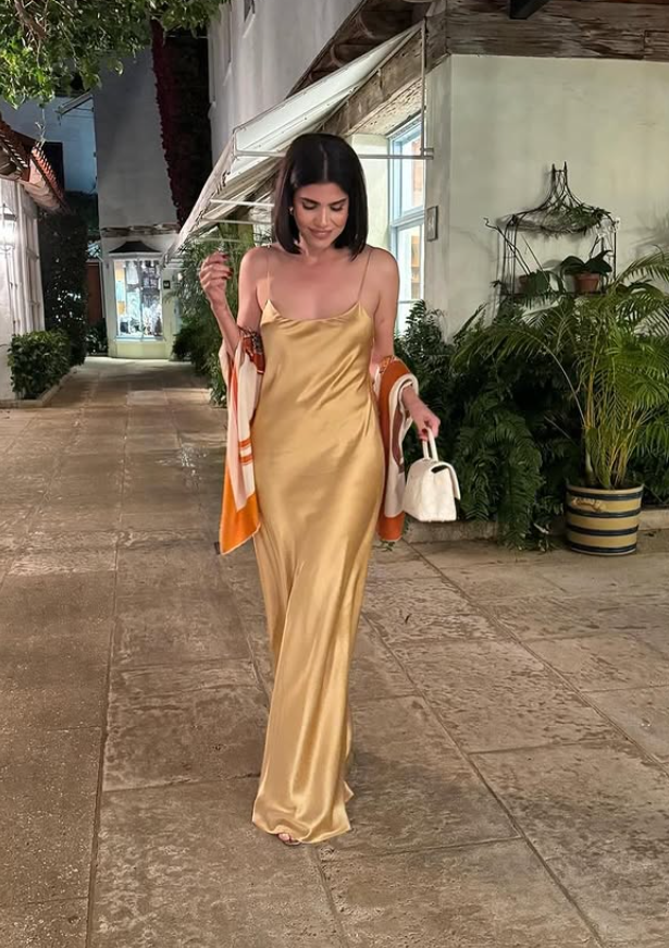 Simple Pecan Bronze A Line Spaghetti Strap Satin Open Back Prom Dress Wedding Guest Dress SH4450