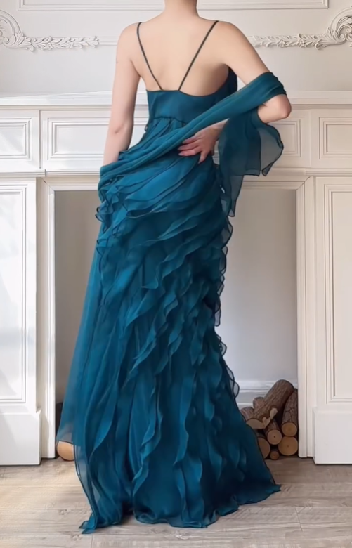 Peacock Blue Vintage Mermaid Spaghetti Strap Beaded Layered Chiffon Party Dress Prom Dress SH4116