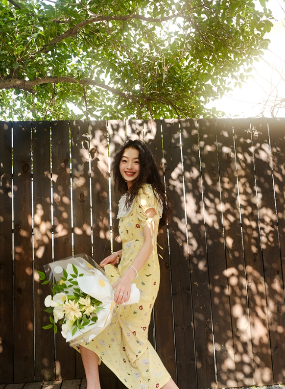 Cute A Line Puff Print Floral Lace Yellow Chiffon Summer Dress Party Dress Outfits SH4175