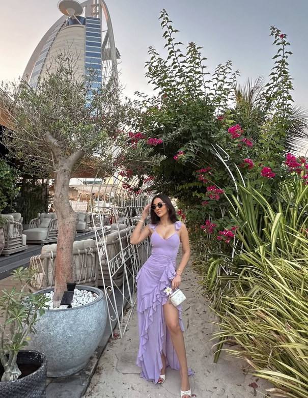 Lilac Flowy Sheath Spaghetti Strap Ruffle Chiffon Prom Dress Party Dress with Slit SH4016