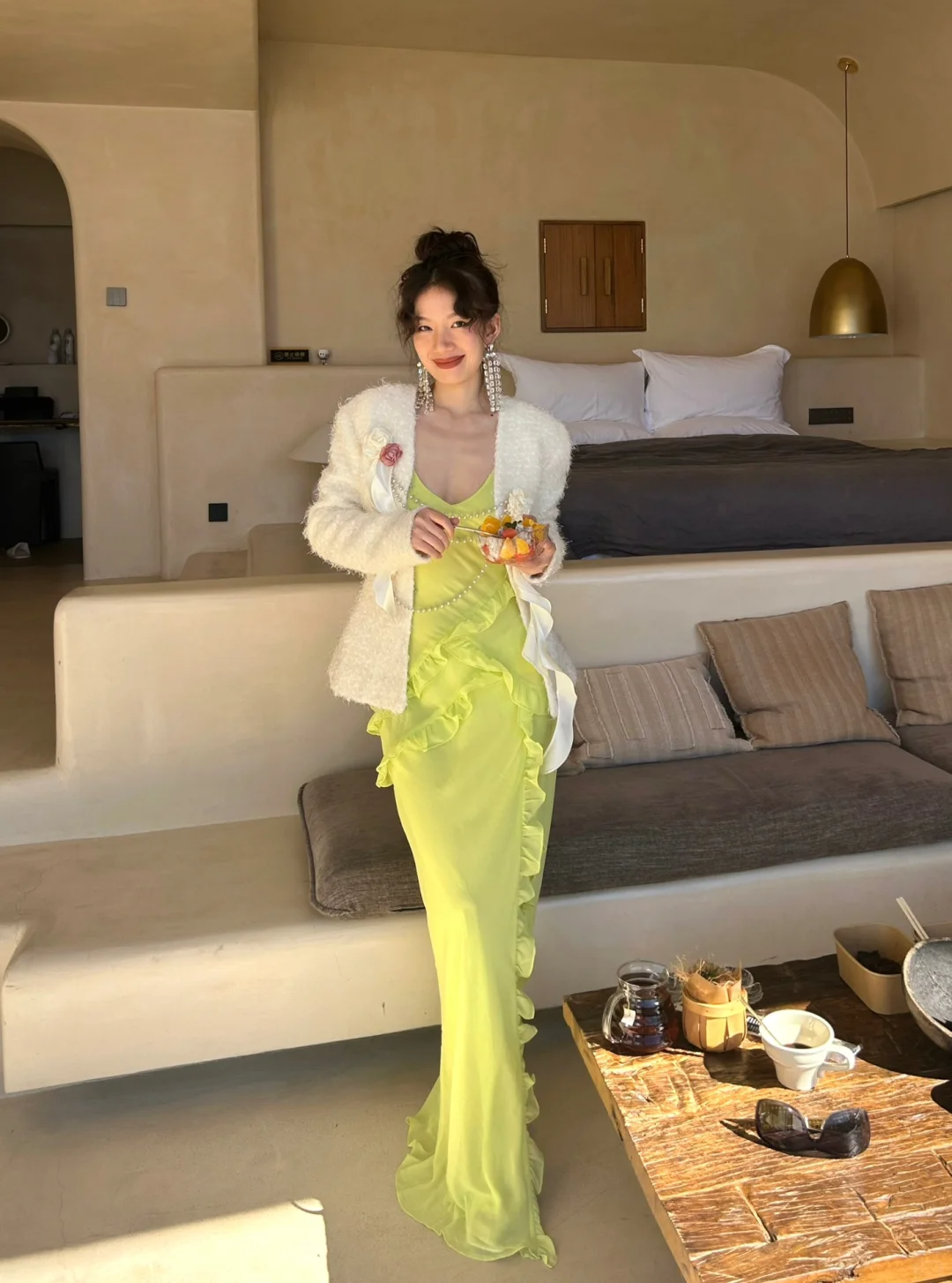 Green Sheath Straps Ruffle Chiffon Long Prom Dress SH4577