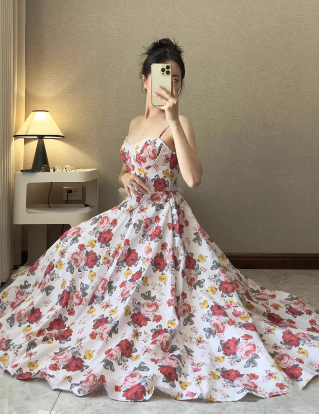 Princess A Line Spaghetti Strap Print Floral Satin Prom Dress 16th Birthday Dress SH3982