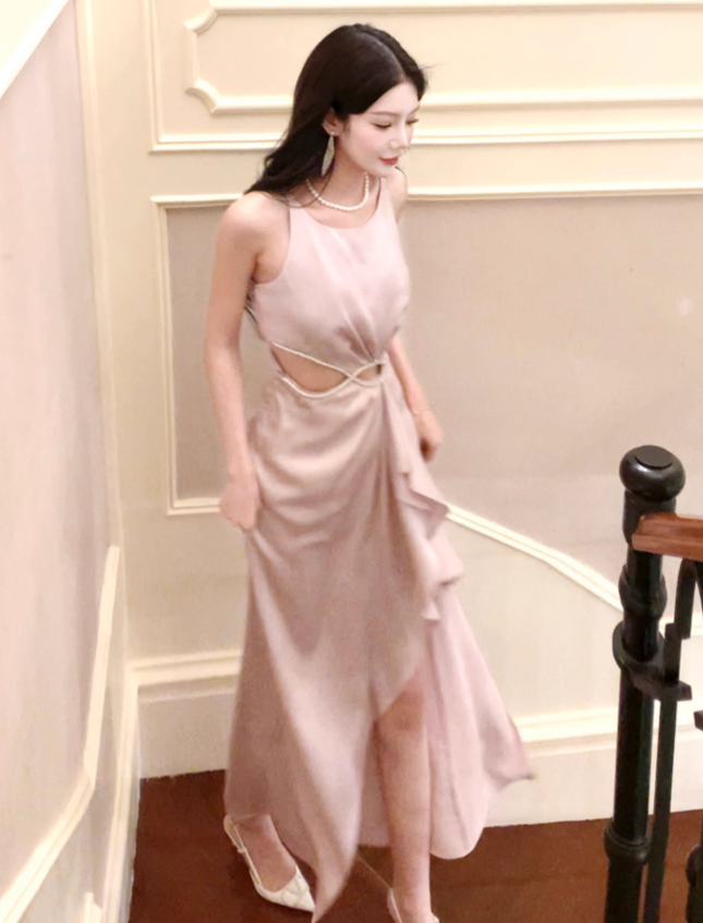 Light Pink A Line Straps Rhinestone Satin Prom Dress Evening Dress Formal Dress with Slit SH4085