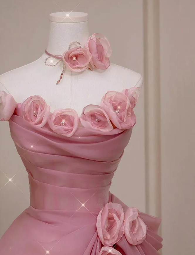 Pink A Line Strapless Floral Tulle Prom Dress Graduation Prom Dress SH5270