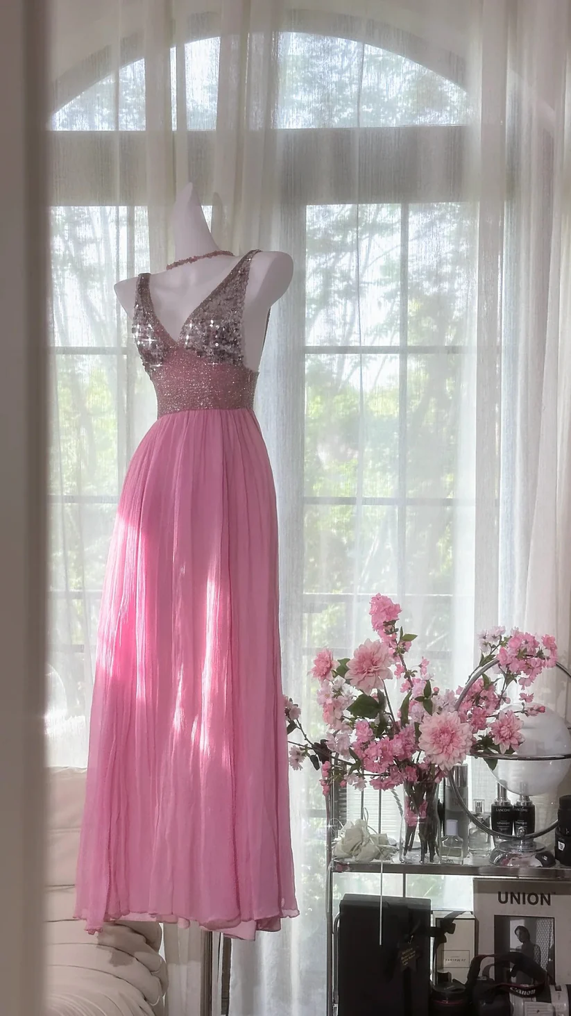 Shiny Pink Beaded Silver Sequin V Neck Chiffon Date Dress Evening Dress Wedding Guest Dress SH3438
