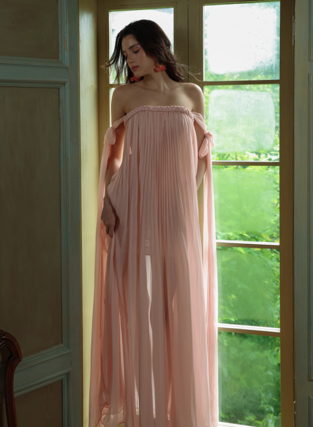 Gentle A Line Spaghetti Strap Pleated Light Pink Chiffon Prom Dress Formal Dress SH4170