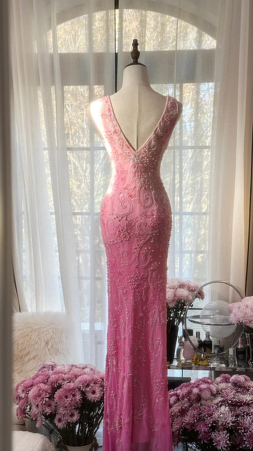 Gorgeous Sheath V Neck Beaded Pink Ombre Chiffon Long Party Dress Wedding Guest Dress SH2943
