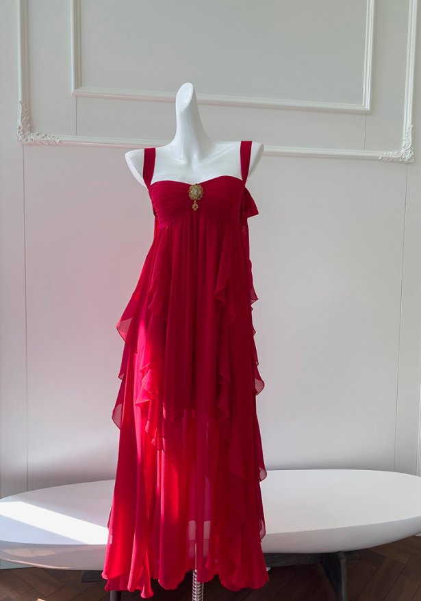 Burgundy Flowy A Line Spaghetti Strap Ruffle Chiffon Prom Dress Vacation Dress SH4502