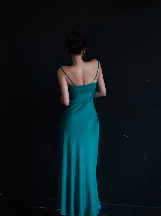 Lake Blue Sheath Spaghetti Strap Beaded Satin Long Prom Dress Party Dress Date Dresses SH4158