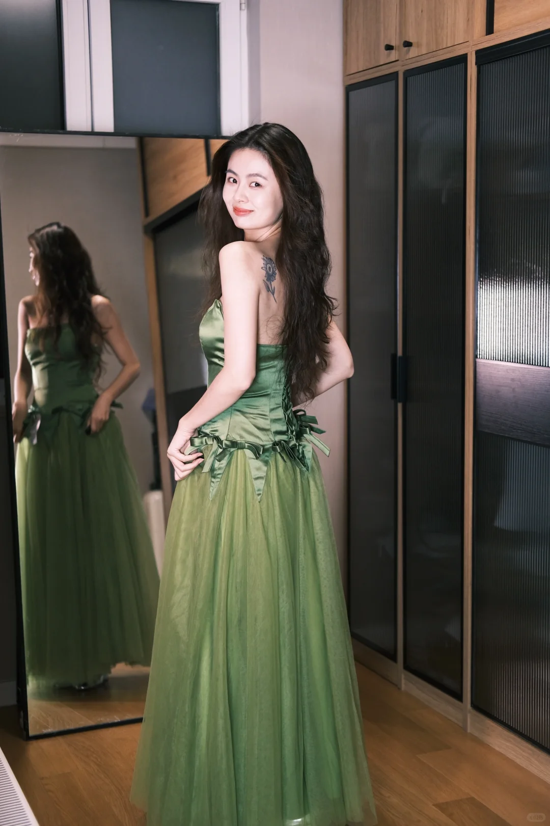 Cute A Line Sweetheart Neck Green Tulle Satin Party Dress Birthday Dress with Bow SH2912