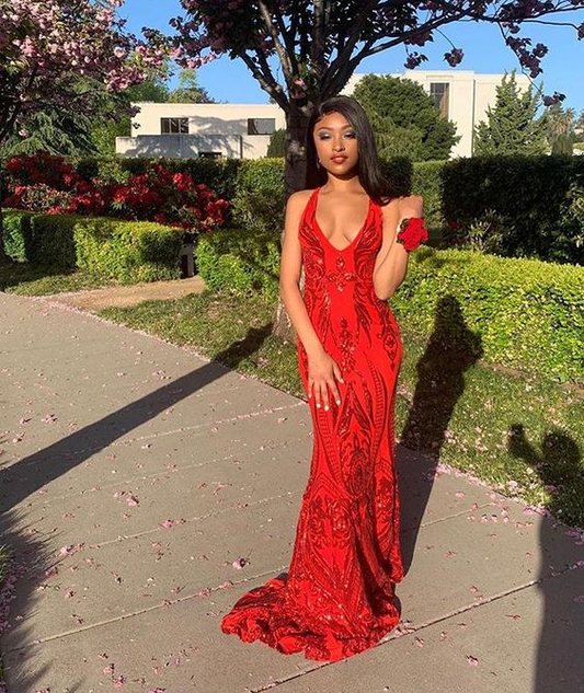 Red Deep V Neck Mermaid Prom Dress,Formal Evening Dress SH796
