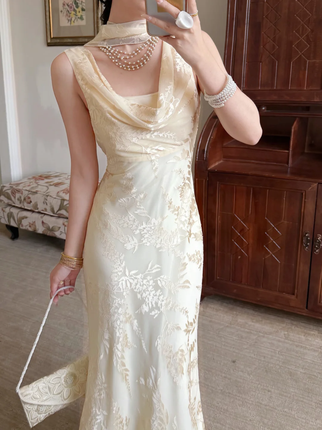 Gentle Mermaid Print Flower Light Champagne Chiffon Long Prom Dress Evening Dress SH6050