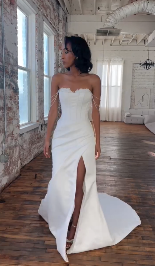 Classic Mermaid Strapless Pearl Satin Wedding Dress Prom Dress with Slit SH4129