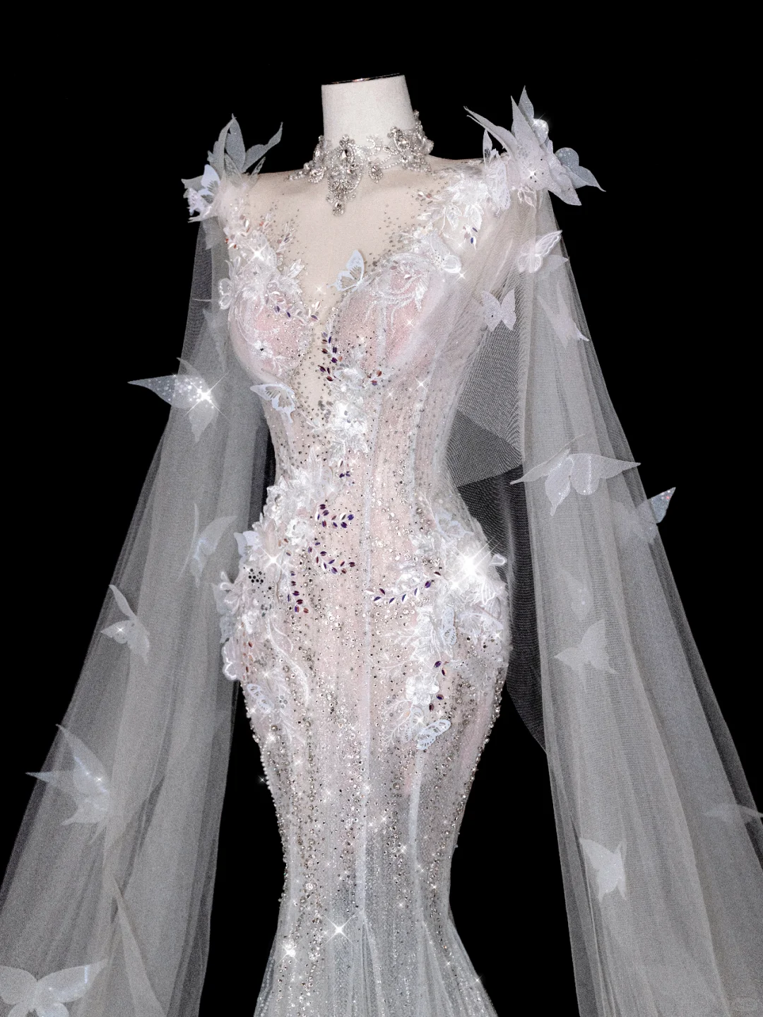 Butterfly Exquisite Flowy Mermaid Beaded Sequin White Tulle Long Prom Dress Party Dress SH3493