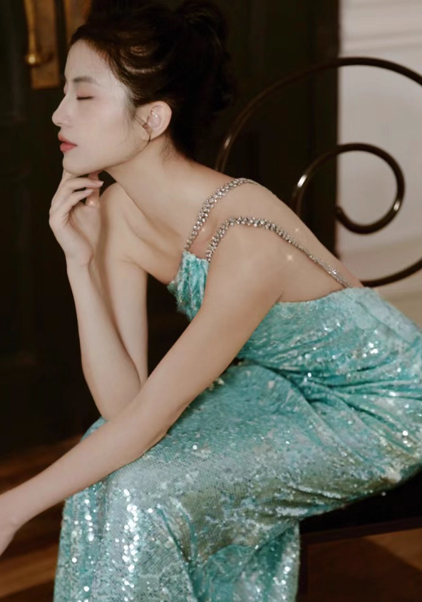 Shiny Blue Sequin One Shoulder Rhinestone Prom Dress Evening Dress Open Back SH4058