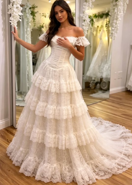 Princess Ball Gown Off the Shoulder White Layered Lace Long Wedding Dress SH7070
