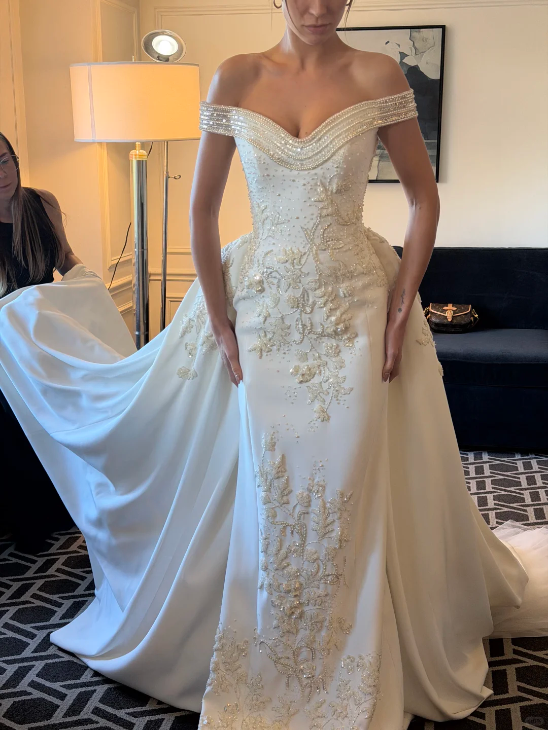 Elegant Ball Gown Off the Shoulder Beaded White Satin Wedding Dress SH4991