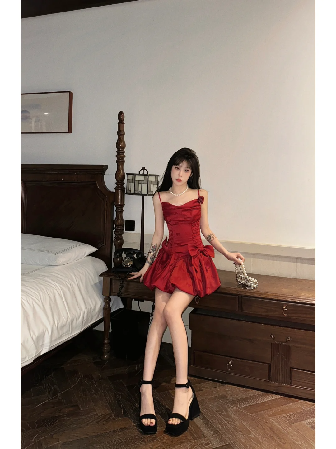 Sexy Red Bow A Line Spaghetti Strap Satin Short Homecoming Dress Outfits SH5827