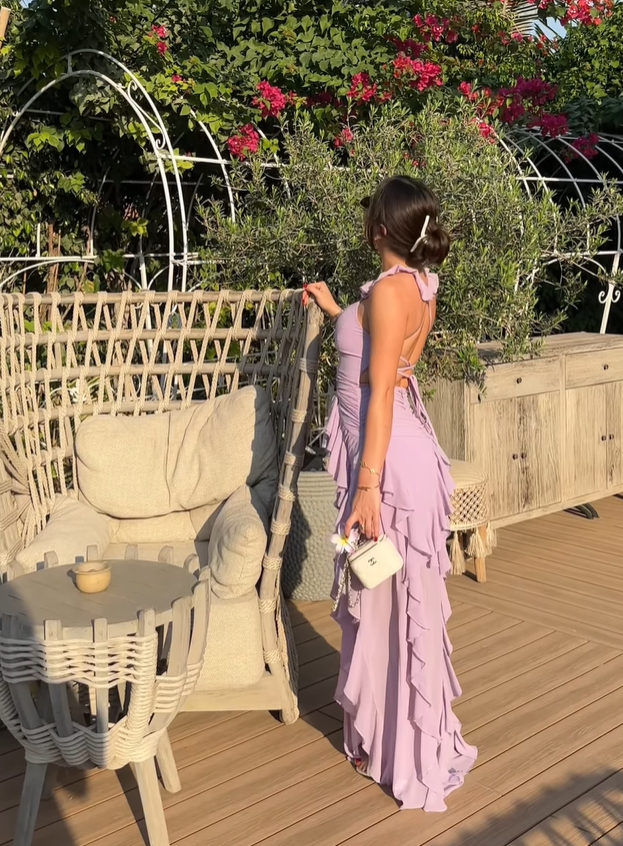 Lilac Flowy Sheath Spaghetti Strap Ruffle Chiffon Prom Dress Party Dress with Slit SH4016