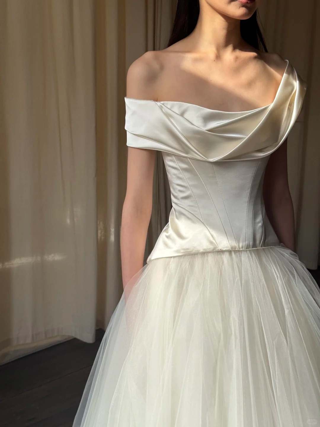 Pretty A Line Off the Shoulder Corset Satin Tulle Long Prom Dress Wedding Dress SH4273