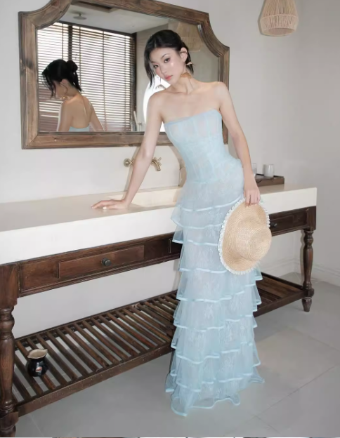 Baby Blue Sheath Strapless Layered Lace Tulle Prom Dress Evening Dress SH3112
