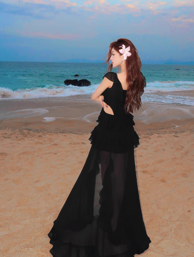 Black A Line V Neck Ruffle Chiffon Long Prom Dress Vacation Dress SH4377