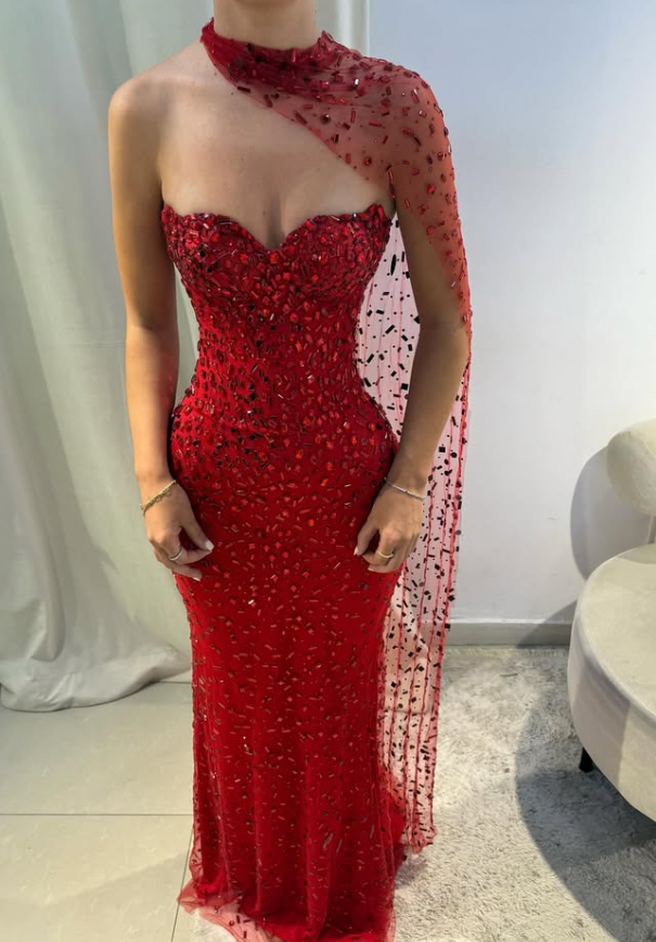 Sexy Red Sheath Strapless Beaded Tulle Prom Dress SH4567