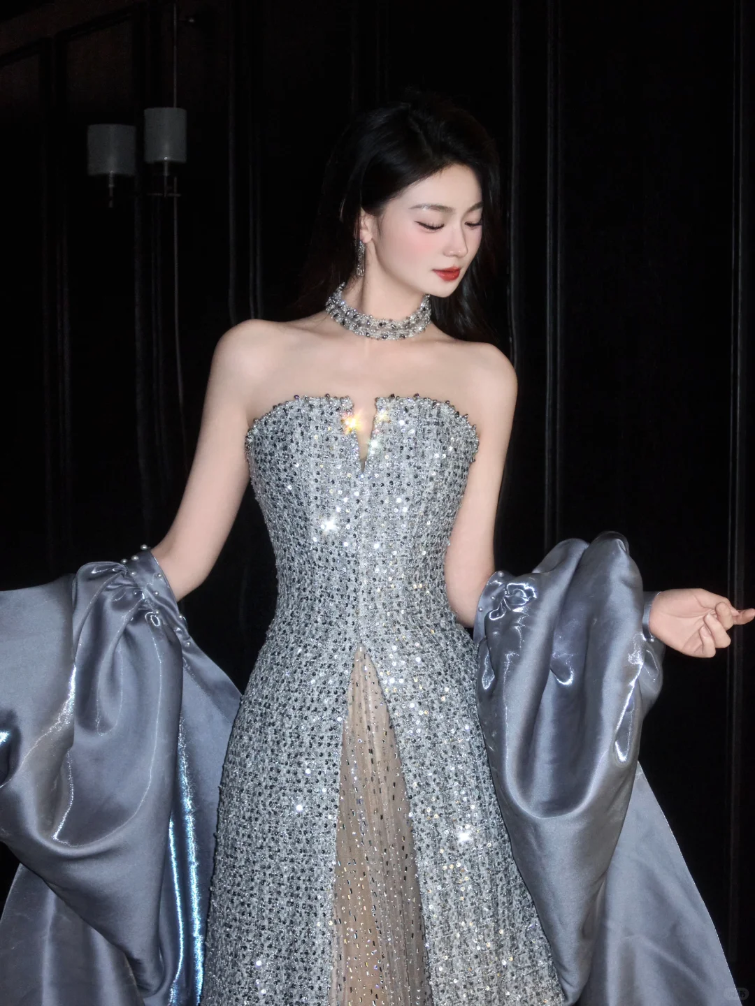 Shiny A Line Strapless Sequin Grey Tulle Satin Long Prom Dress Party Dress SH4195