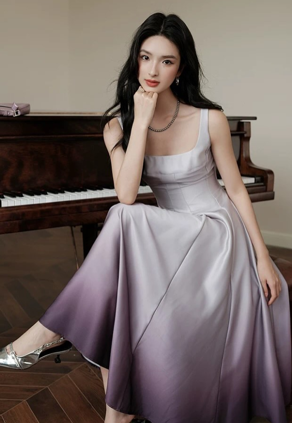 Elegant Purple Ombre A Line Straps Satin Prom Dress Outfits SH5312