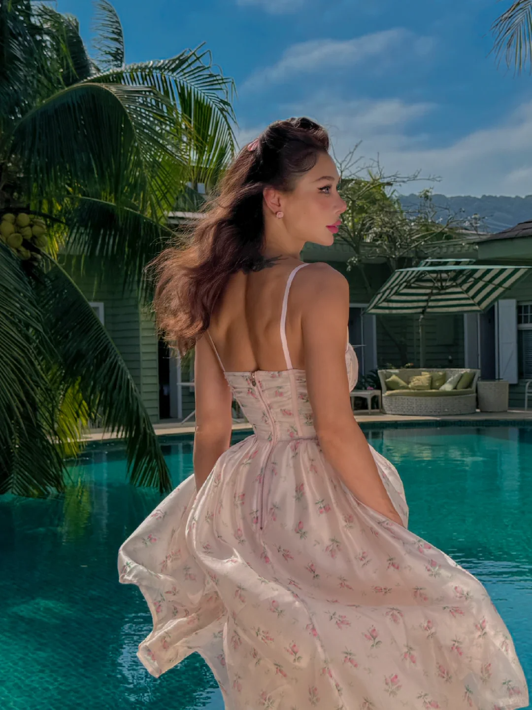 Cute A Line Spaghetti Strap Pink Print Floral Chiffon Short Vacation Dress Outfits SH4288