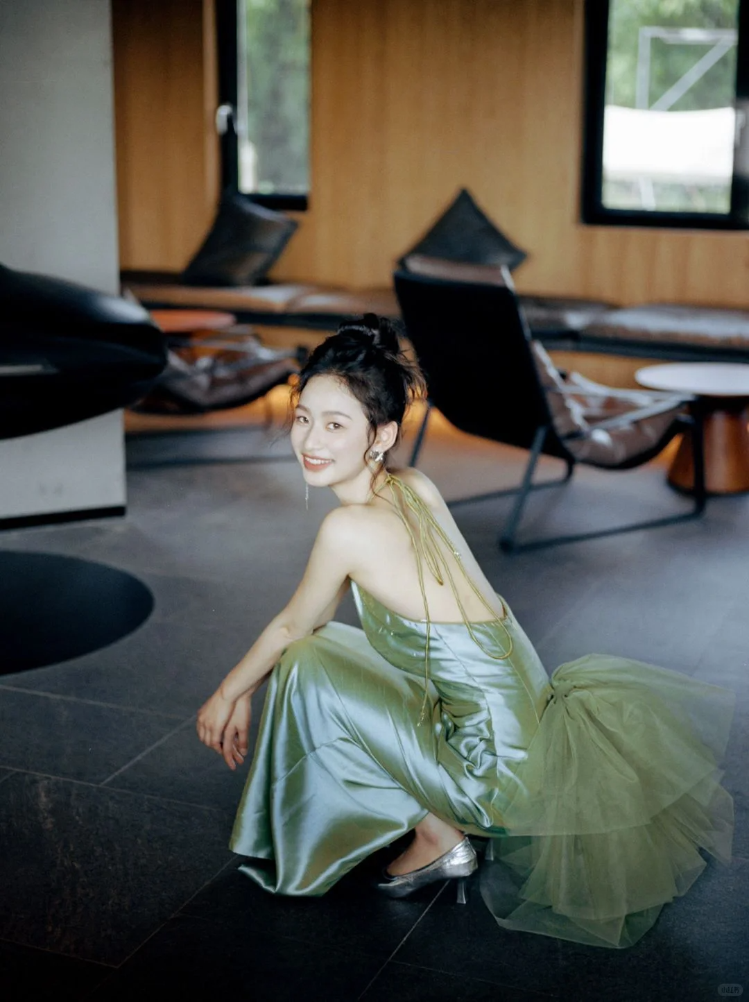 Green Sheath Halter Pleated Tulle Satin Open Back Prom Dress Evening Dress SH4209