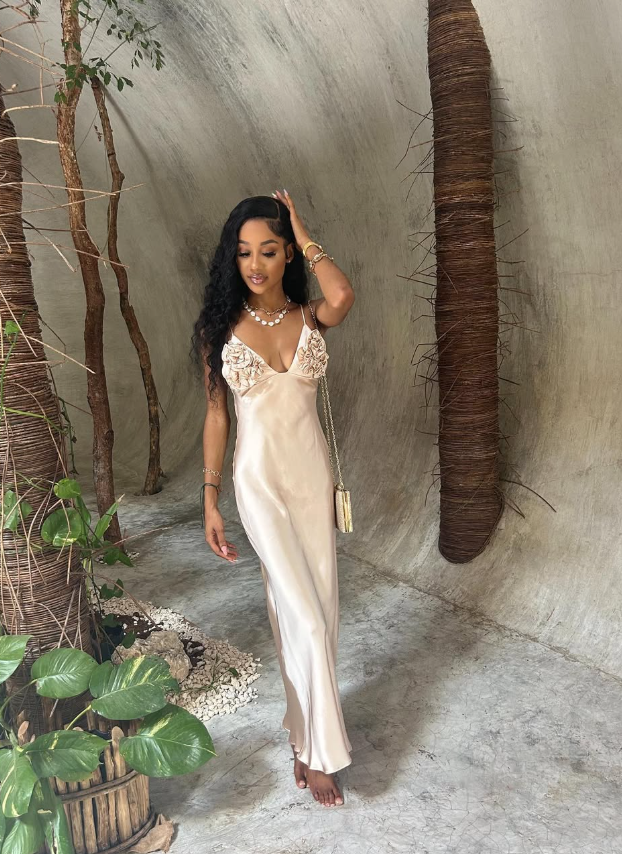 Beige A Line Spaghetti Strap Floral Satin Prom Dress Evening Dress SH3907