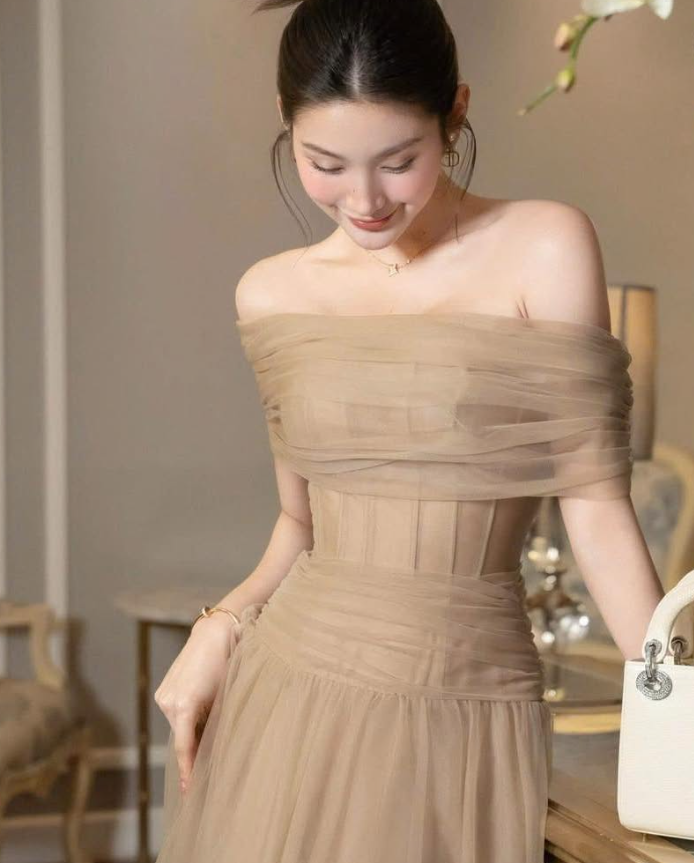 Simple A Line Off the Shoulder Mocha Tulle Long Prom Dress Evening Dress SH4671