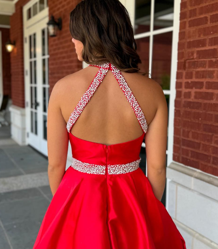 Red Ball Gown Halter Beaded Satin Long Prom Dress Evening Dress SH6584
