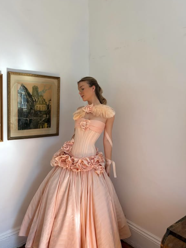 Light Pink Princess A Line Strapless 3D Flower Satin Long Prom Dress Evening Dress SH6060