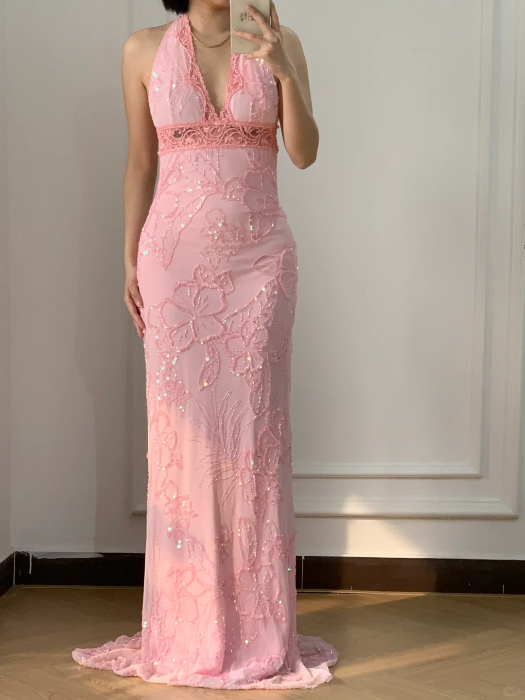 Vintage Sheath V Neck Beaded Pink Chiffon Long Prom Dress Evening Dres – shinydress