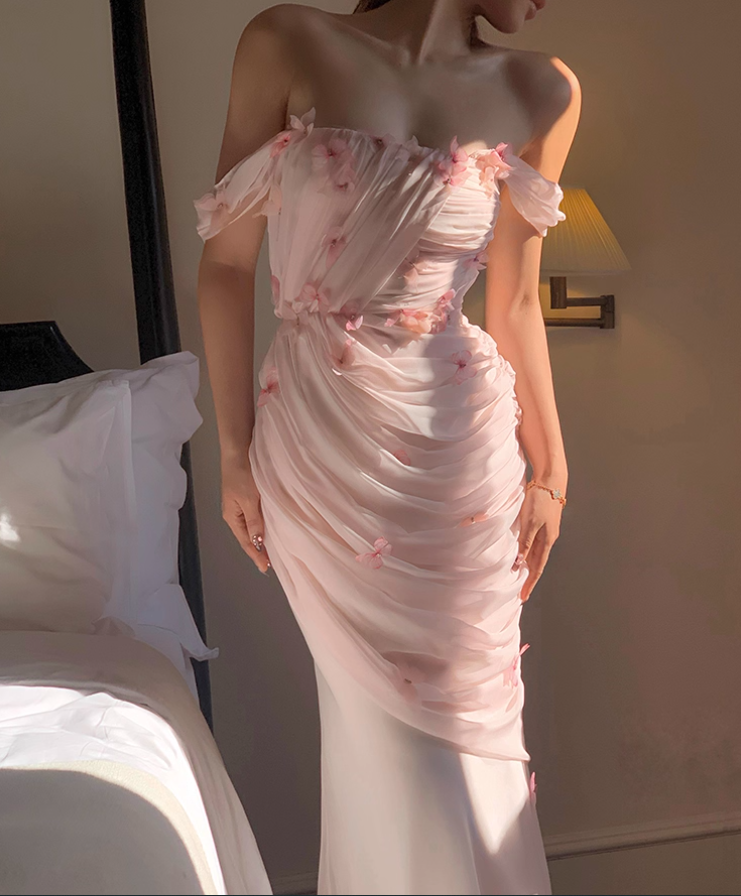 Light Pink Mermaid Off the Shoulder Butterfly Tulle Long Prom Dress Party Dress SH4037