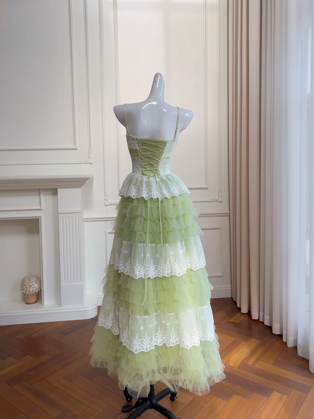 New A Line Spaghetti Strap Layered White Lace Green Tulle Party Dress Evening Dress SH2955