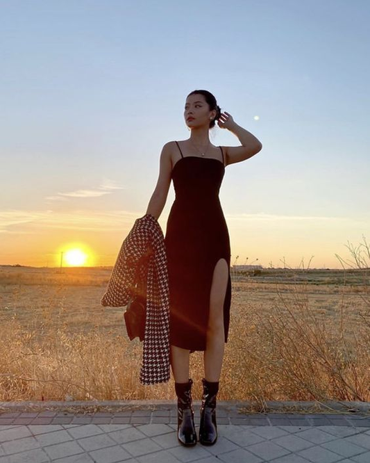 Vintage Spaghetti Strap Black Slit Party Dress,Formal Prom Dress  SH687