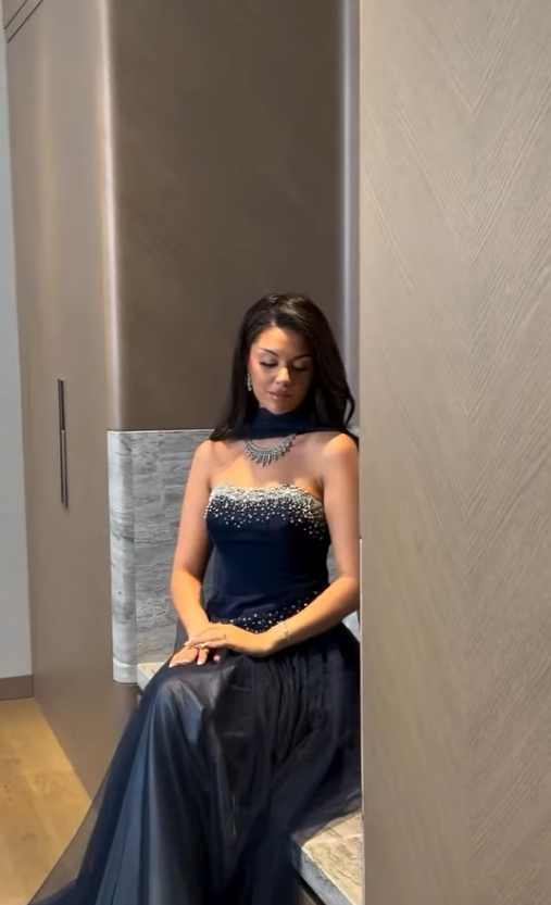 Elegant Navy Blue A Line Strapless Beaded Tulle Prom Dress Wedding Guest Dress SH5389