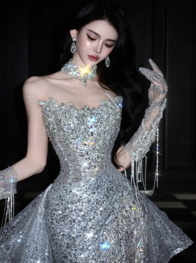 Silver Sequin Shiny Ball Gown Strapless Long Sweep Prom Dress Evening Dress Party Dress SH3617