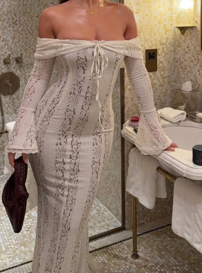 2025 New Sheath Long Sleeve White Lace Long Prom Dress Evening Dress SH2295