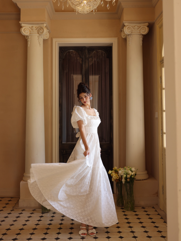 Princess A Line Puff White Lace Prom Dress Party Dress SH4171