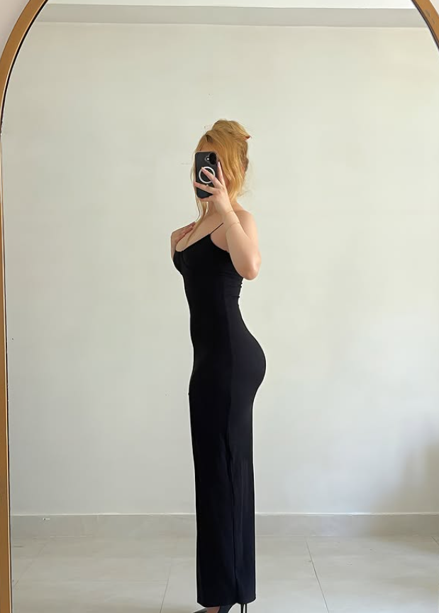 Simple Sheath Spaghetti Strap Black Satin Prom Dress Evening Dress SH6894
