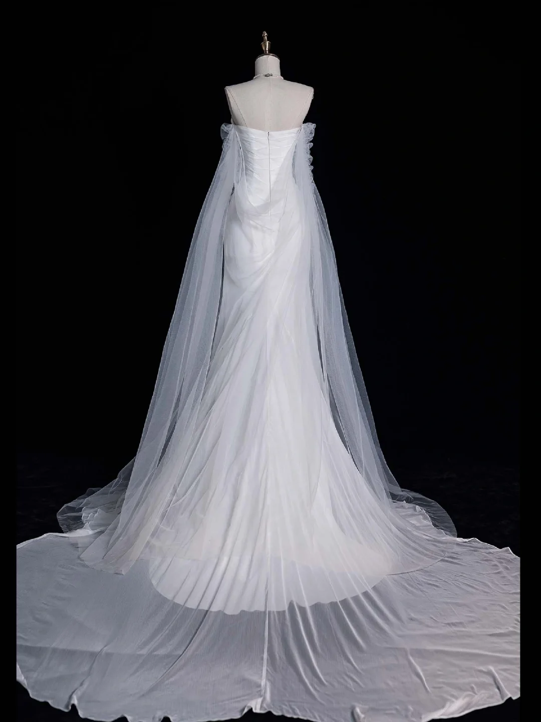 Simple A Line Long Sleeve Pleated Tulle Satin Wedding Dress Prom Dress SH4111